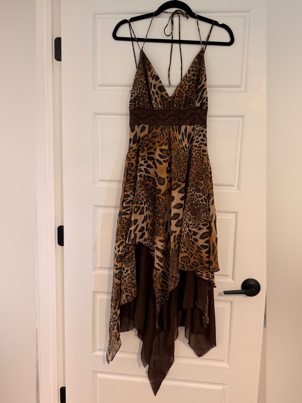 Y2K Leopard Print Brown Handkerchief Hem Midi Dress